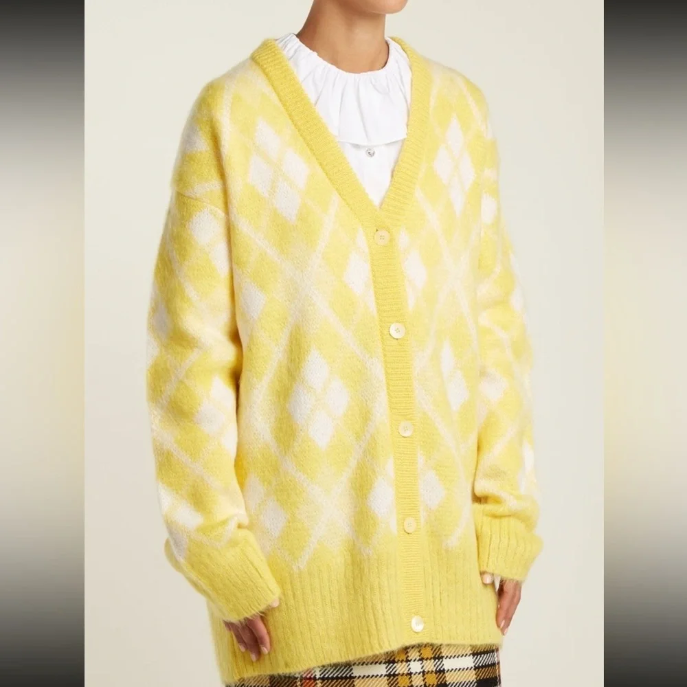 Miu Miu Yellow and White Argyle Mohair Blend Cardigan